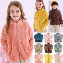 Manteau en duvet pour filles, manteaux en peluche, col roulé doux, vêtements d'extérieur, garde au chaud, vestes en polaire corail pour enfants, fermeture éclair, automne hiver 2024