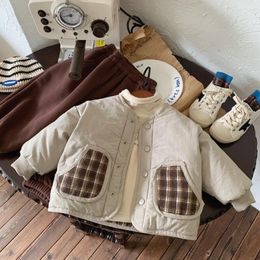 Manteau en duvet 2024 hiver enfants Parkas filles garçons épais veste polaire chaude avec boutons bébé enfants tendance coréenne épaissir vêtements d'extérieur à carreaux