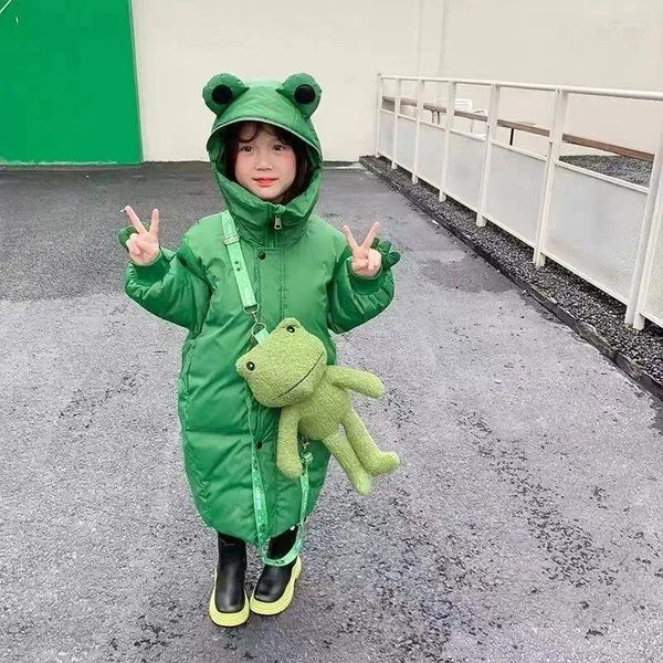 Manteau en duvet 2024 hiver vêtements en coton pour enfants grenouille verte à capuche fermeture éclair mi-longue peluche épaissie chaud à la mode 4-12 ans