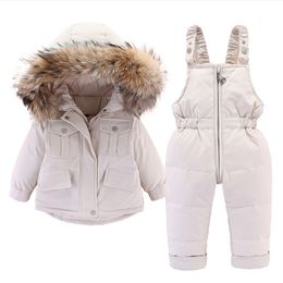 Down Coat 2pcs Set Baby Girl Winter Down Jacket en Jumpsuit voor kinderen Dikke warme bont kraag meisjes