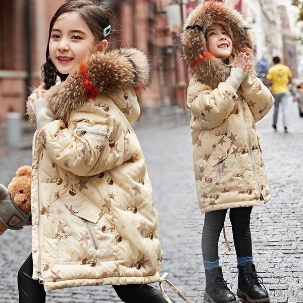 Mateau de bas -30 degrés Russie Hiver Kids Girls Long Fashion Star Imprimé Real Fur Fur Cabille à 80% Vestes de canard