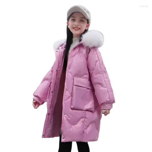 Manteau d'hiver russe pour filles de 4 à 12 ans, vestes longues avec col en fourrure, couleur unie, à-35 degrés