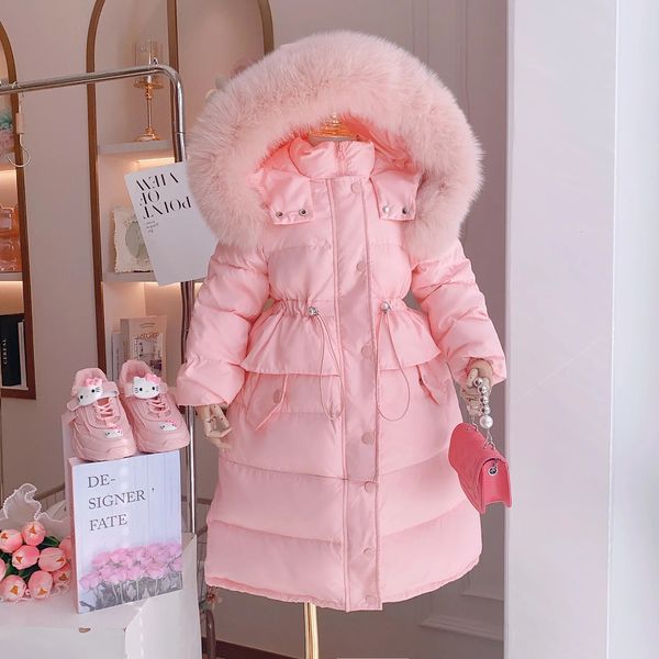 Manteau en duvet pour filles de 412 ans, veste Slim, Style Long, col en fourrure à capuche, couleur rose et noire, épais, vêtements d'extérieur pour enfants, 231121