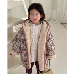 Donsjas 8011 Kinderkleding Lang 2024 Winter Meisjes Koreaanse bloem Katoen gewatteerde jas Capuchon Warm