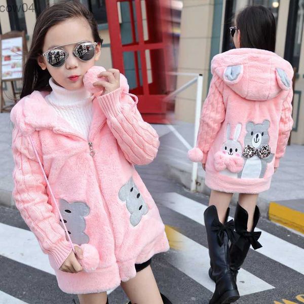 Manteau en duvet automne hiver filles veste mignon lapin ours garder au chaud petite princesse en peluche veste à capuche pull à glissière 3-12 ans enfants vêtements L230625