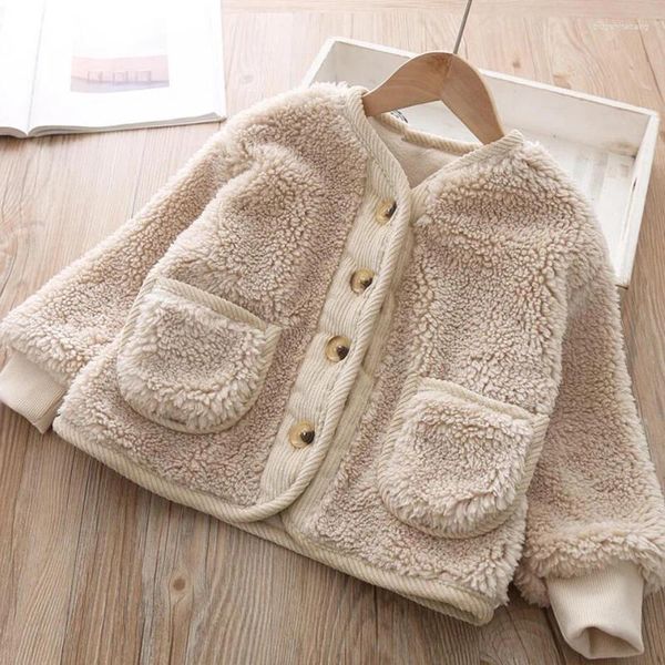 Manteau en duvet automne hiver enfants fourrure fausse coréenne manteaux pour filles bébé Cardigan Beige velours en vrac agneau chaud veste d'extérieur pour enfants