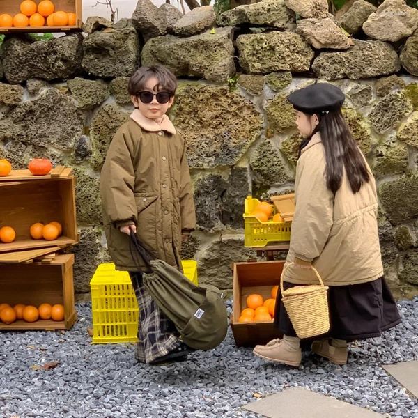 Abrigo de plumón para niño pequeño, Parka coreana de algodón acolchado a prueba de viento con cuello peludo, Chaqueta larga informal con bolsillo liso, otoño e invierno