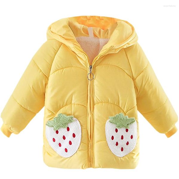 Manteau en duvet à capuche pour bébé fille, veste chaude d'hiver rembourrée en coton, poche fraise, vêtements de neige en peluche coupe-vent pour tout-petits