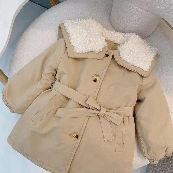 Manteau en duvet pour bébé fille, veste en coton polaire, intérieur d'hiver, enfant en bas âge, solide, grande fourrure, ceinture à revers, vêtements Parkas de 1 à 8 ans