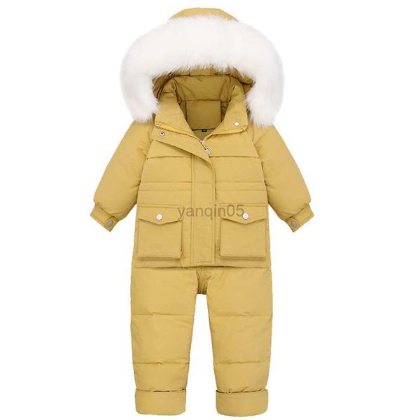 Manteau en duvet bébé combinaison de neige 2 pièces garçons filles doudoune ensemble enfants épaissi chaud ski costume fourrure à capuche manteau en duvet + pantalon à bavette pour l'hiver HKD230725