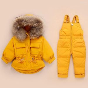 Conjunto de ropa para niños, abrigo de plumón, chaqueta de mono de invierno ruso para niñas pequeñas, traje de esquí grueso para nieve, piel auténtica