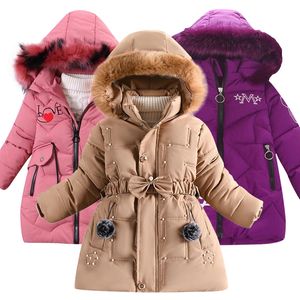 Down Coat Doudoune d'hiver pour enfants style à la mode manteau en coton à capuche avec col en laine imprimé moyen et long pour enfants 221130