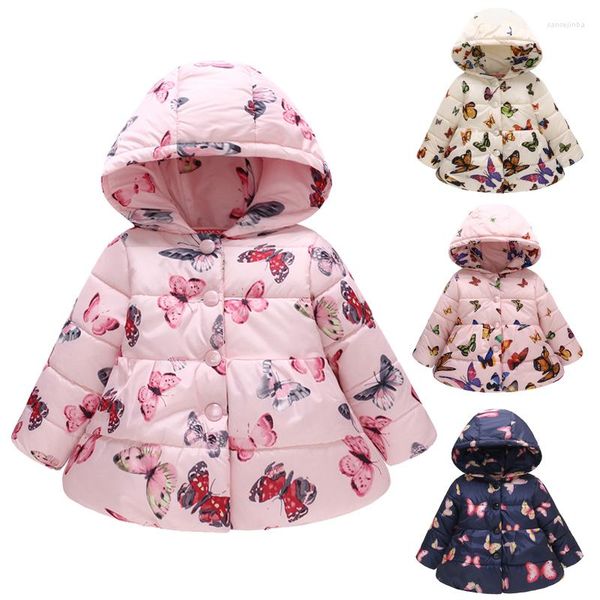 Abrigo de plumón de cuatro estilos con estampado de mariposa para niñas, chaquetas gruesas y cálidas para niños, ropa de algodón con botones y capucha, Otoño e Invierno