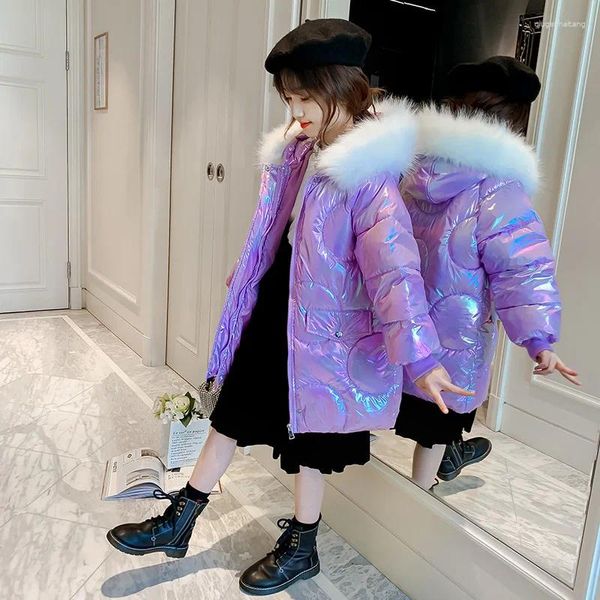 Abrigo de plumas para niñas, chaqueta de otoño e invierno, abrigos acolchados de algodón de longitud media para niñas, Parkas brillantes con capucha gruesas con Cuello de piel para niños 2024