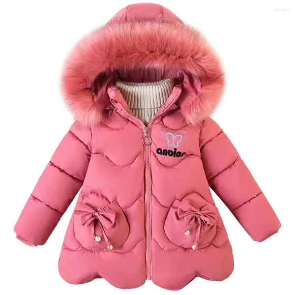 Manteau en duvet pour filles, capuche en fourrure avec nœud, mignon, chaud, rembourré en coton, vêtements d'extérieur, veste de neige pour noël, hiver