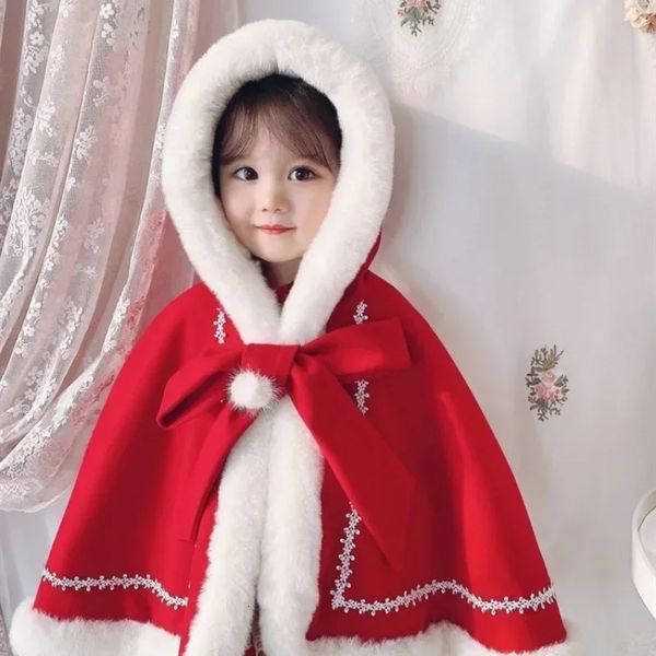 Manteau en duvet pour filles, Cape de saison d'hiver, vêtements coréens épais pour enfants, châle en peluche, col en fourrure, vêtements d'extérieur simples, 2023, 231128