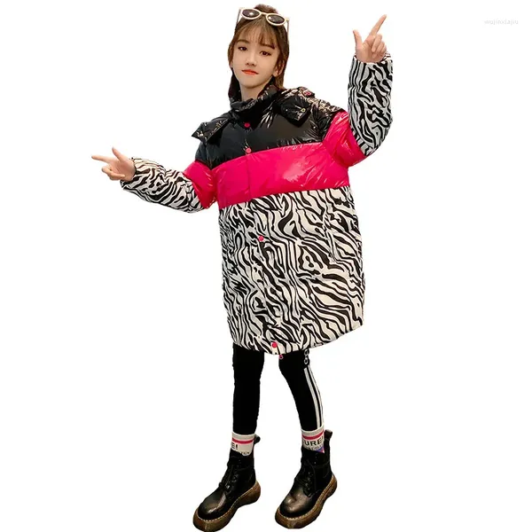 Abrigo de plumas para niñas, chaqueta informal con estampado de leopardo y retazos, traje para la nieve a la moda, Top grueso y cálido con capucha para adolescentes de 4 a 14 años