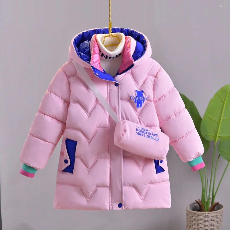 Down Coat Girls Fashion Casual 2023 Autumn Winter Cotton Padded Warm Thicken Hooded Zipper Mid-Length Coats Printed Outerwear