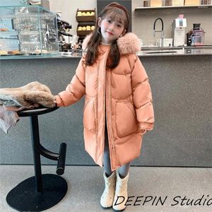 Manteau en duvet pour filles, Parka chaude à capuche avec col en fourrure pour enfants, veste longue Orange, grande poche, fermeture éclair, coton ample, automne hiver 2024