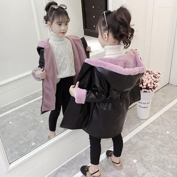 Abrigo de plumas para niñas, chaqueta gruesa de terciopelo de piel sintética para otoño e invierno, estilo extranjero, chaqueta gruesa y peluda de longitud media, prendas de vestir exteriores con capucha para niños P227