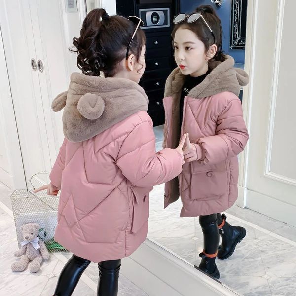 Manteau en duvet filles hiver veste en coton épaissi enfant mignon mi-longueur style étranger manteaux pour enfants épissage vêtements d'extérieur à capuche parc jouer 231202