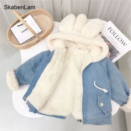 Donsjack voor meisjes Jongen Denim kinderjassen Warm bont Cowboyjas Baby konijn oor Capuchon Fluwelen bovenkleding Kinderwinterkleding 231005