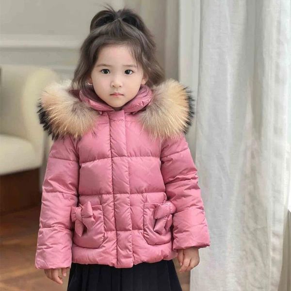 Abrigo de plumón para niños, ropa para niñas, bolsillo con lazo, chaqueta rosa y dulce, pato blanco de alta calidad