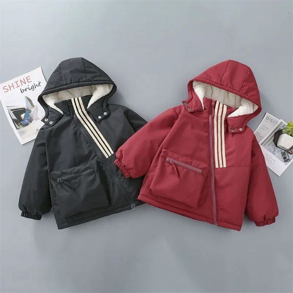 Manteau en duvet enfants garçons plus velours à capuche coton fermeture éclair oblique grand sac veste d'hiver vêtements pour enfants Parka combinaison de neige 210 ans 230928