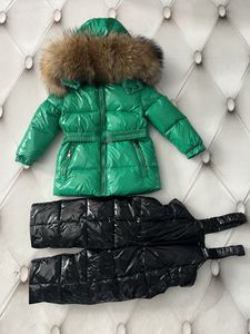 Donsjas kinderjas luxe designer 2 stuks parka's pakken baby jongens meisjes warm bont jassen met capuchon kleding herfst winter uitloper kleding 2 stuks set kinderen bretels