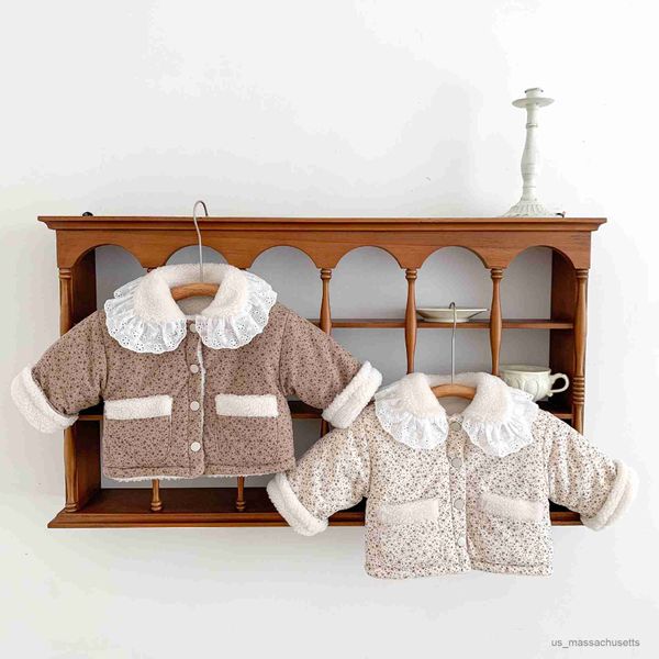 Manteau en duvet pour enfants, rétro Floral, ajouré, Cardigan épais à revers, veste chaude avec poches pour filles, nouveau manteau polaire R230905
