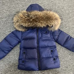 Donsjas voor kinderen Winter donsjack Glanzende echte wasbeer bontkraag Peuter Jongens Kapmantel Baby Meisjes Warm Snowsuit Kinderparka's 231123