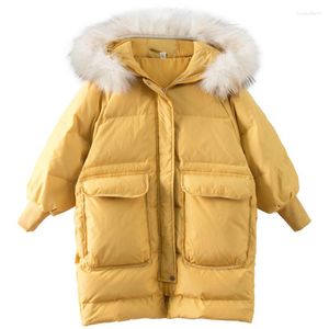 Manteau en duvet pour enfants, veste d'hiver jaune pour filles, vêtements longs roses avec col en fausse fourrure, combinaison de neige, vêtements d'extérieur, Parka