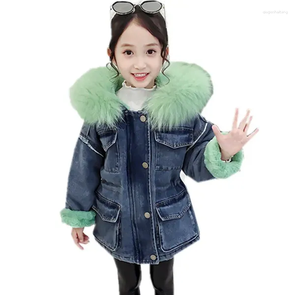 Abrigo de abajo coreano estilo retro para niños chaqueta de viento de mezclilla con sudadera con capucha para pieles para chicas para niños pequeños jeans jeans zanja de zanja con capucha