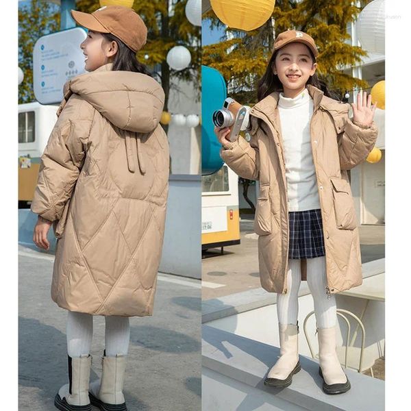 Abrigo de plumas Parkas largas de estilo coreano para niñas, chaqueta cálida de algodón con capucha informal gruesa de invierno, abrigos para niños de color caqui negro con cremallera para niños XMP389