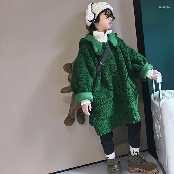 MODX – manteau Long en duvet pour filles et garçons, mode coton vert bébé enfants coréen épais Plus velours veste chaude à simple boutonnage pour enfants
