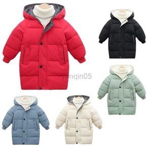 Donsjas Nieuwe Lange Stijl Winter Meisjes Jas Effen Kleur Warm Houden Prinses Jas Capuchon Rits Meisjes Bovenkleding Kerst Kinderkleding HKD230725