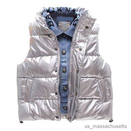 Abrigo de plumón OLEKID 2023 Otoño Invierno Chaleco de mezclilla para niña Mock Chaqueta sin mangas de dos piezas para niña Ropa de abrigo 3-12 años Chaleco para niños y adolescentes R230905