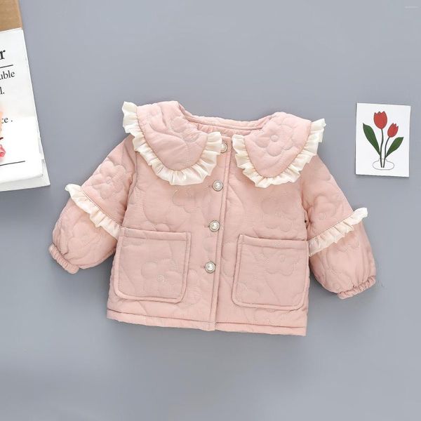 Manteau en duvet Parkas manteaux saison d'hiver filles coton vêtements pour enfants bord de fleur col tournant Double poches bouton en peluche