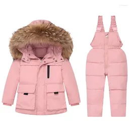 Manteau en duvet rose pour fille, ensemble de vêtements de neige pour enfants, veste et pantalon à bretelles, tenue de Ski, survêtement d'hiver en canard blanc, col en fourrure