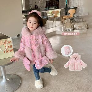 Manteau en duvet veste en peluche pour filles mode d'hiver rose brillant enfants manteau de fourrure vêtements d'extérieur à capuche gant chaud combinaison de neige pour enfants CH198 231129