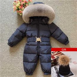 Abajo abrigo Rusia invierno bebé niños traje de nieve overoles cuello de piel real mono niños abajo mameluco para niña pequeña 0-5 Y chaqueta prendas de vestir exteriores HKD230725