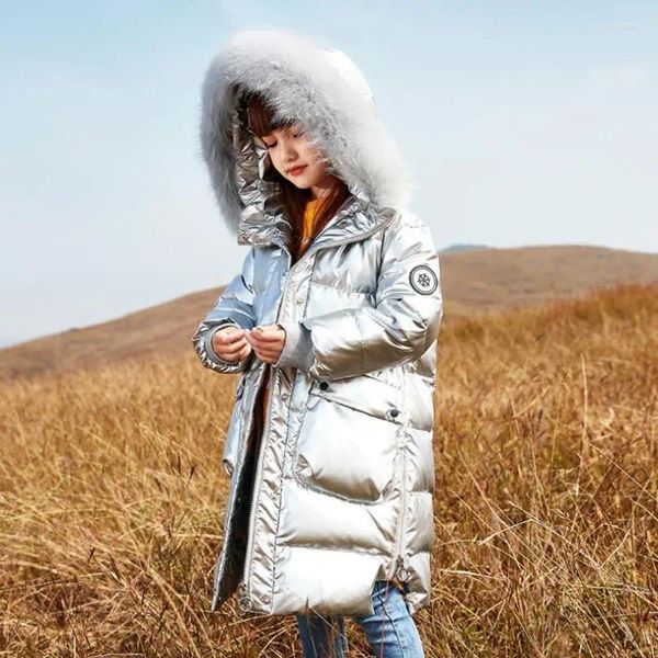 Veste d'hiver pour enfants russes pour les filles, étanche brillante, une parka chaude adolescente réel collier de fourrure