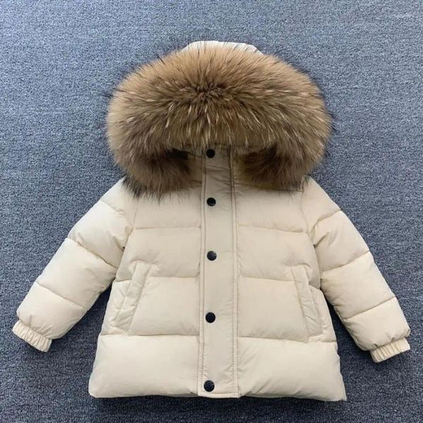 Abrigo de plumas chaqueta de invierno rusa 90% pato blanco cuello de piel Real grande más grueso niños con capucha Parka niños Wz964