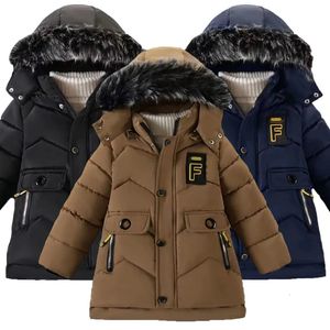 Manteau d'hiver Style duvet pour garçons, veste garde au chaud avec lettre F, doublure à la mode avec col en fourrure en peluche, manteau lourd à capuche pour enfants, 231020