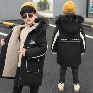 Manteau en duvet pour adolescents, parka d'hiver en fausse fourrure pour enfants, veste chaude en velours pour garçons, longue capuche épaisse, vêtements pour enfants à la mode 230928