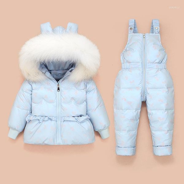 Abrigo de plumón para niño niña, traje de nieve de invierno con capucha, chaqueta con Cuello de piel, monos, ropa estampada, traje de nieve infantil, conjunto de ropa para bebé