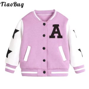 Gewatteerde jas Varsity-jack voor peutermeisjes Letter Sterrenprint Lange mouw Knopen Baseball Bomber Fleece voering Warm vest Bovenkleding 231130