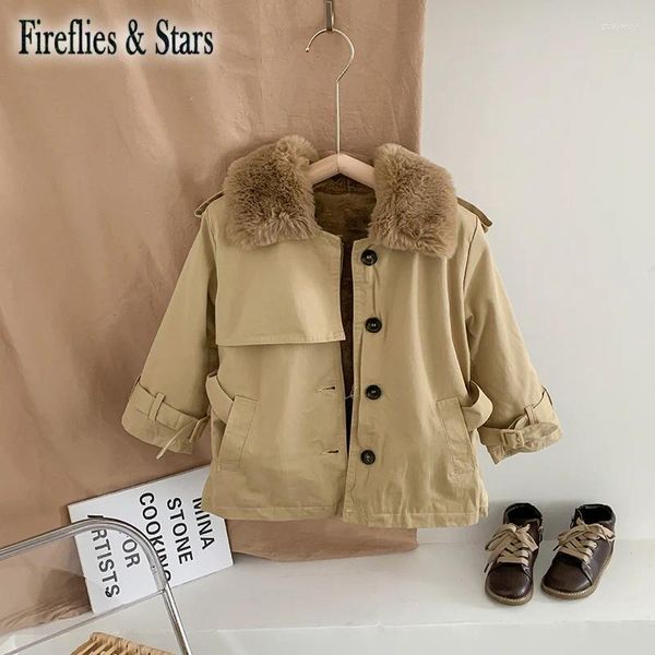 Manteau en duvet d'hiver et d'automne pour filles, Trench, vêtements d'extérieur pour enfants, vêtements chauds à l'intérieur, Patch en velours, col en Faux cheveux, ceinture de 2 à 9 ans