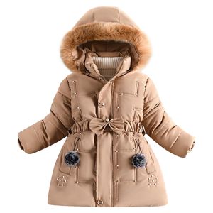 Manteau d'hiver en coton pour enfants, veste en duvet de perles pour filles, col en fourrure, mi-longue, peluche épaisse pour bébé, 221007