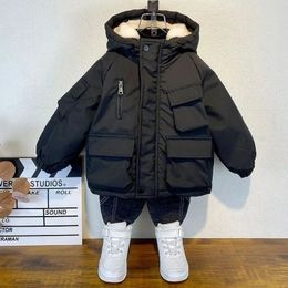 Manteau d'hiver en coton pour garçons, veste noire à capuche, vêtements d'extérieur pour enfants de 3 à 8 ans, Parka rembourrée, combinaison de neige, 231218